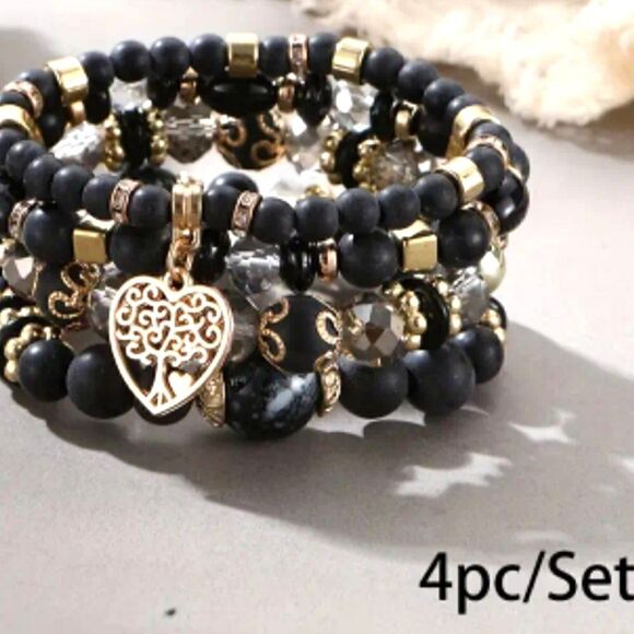 Elegant Black W/Gold Bracelet SET OF 4. TREE OF LIFE CHARM. NWT. "BLACK HOBO" - Picture 1 of 5